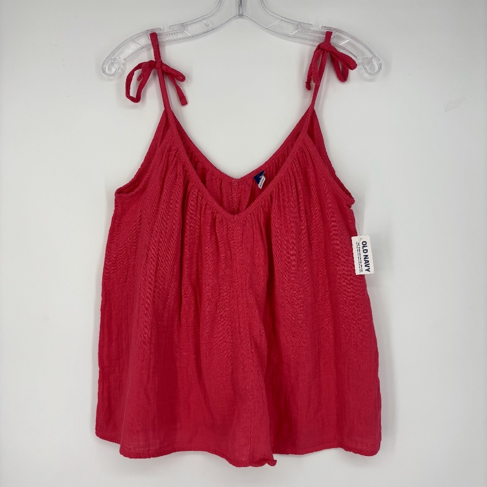 Old Navy Womens XS Tank Top 100% Cotton Gauze Deep Pink Relaxed Fit Tie Straps